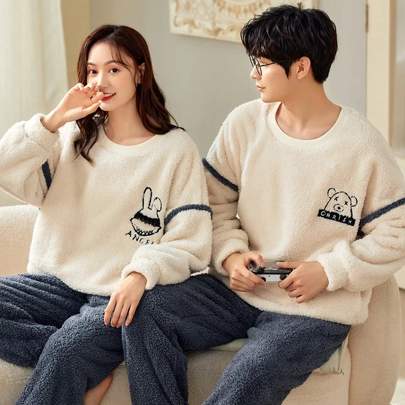 Bear Cartoon Flannel Couple Pajama Set – Warm Winter Loungewear