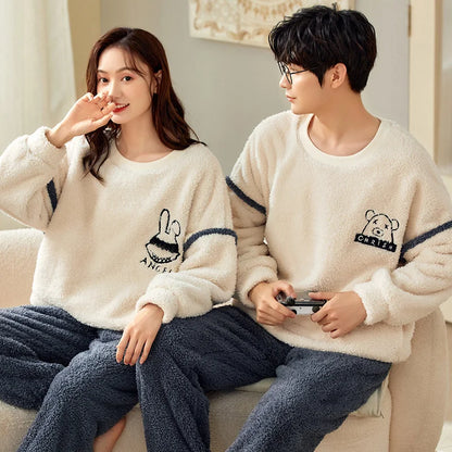 Bear Cartoon Flannel Couple Pajama Set – Warm Winter Loungewear