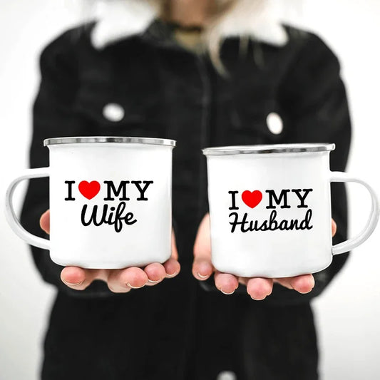 Mr and Mrs Mugs Cute Valentine's Day Gift His and Hers Lovers Camp Cup Husband and Wife Enamel Mug Gift for Couples