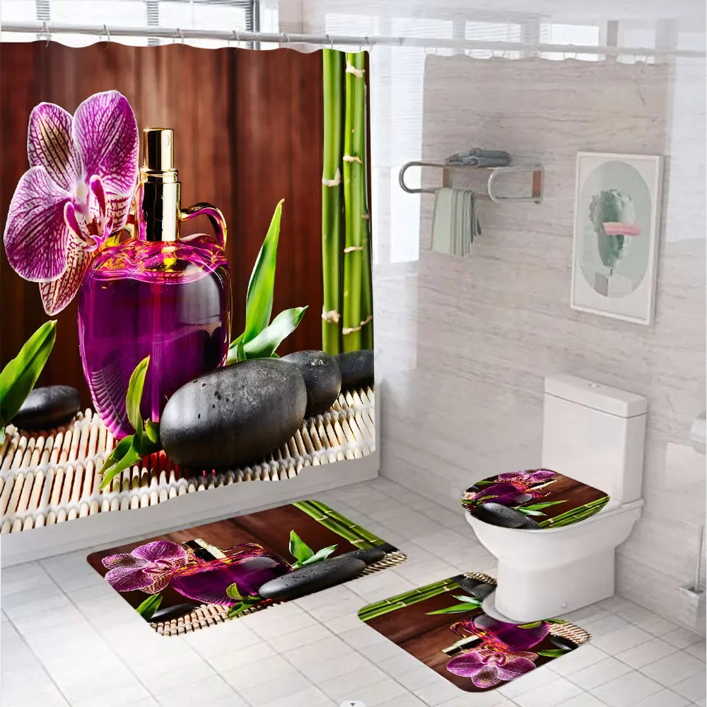 Spa Zen Stone Bamboo Leaves Shower Curtain Sets