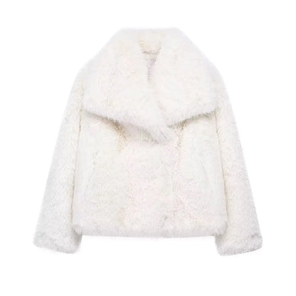 TRAFZA Women Fashion Cropped Faux Fur Jacket Coat