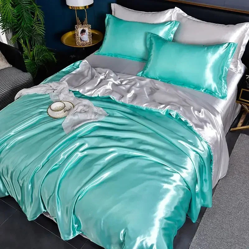Nordic Satin Silk Bedding Set with Duvet Cover Bed Sheet Pillowcases Luxury