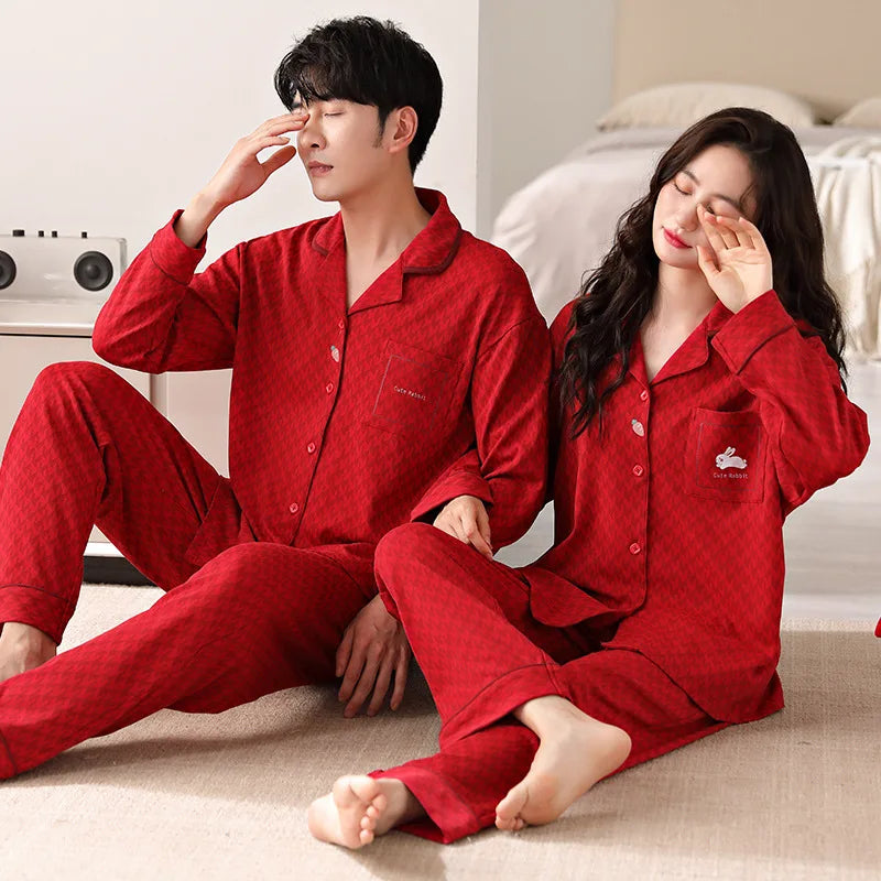 Solid Color Cotton Couple Pajama Set – Long Sleeve & Pants