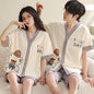 Bear Cartoon Summer Couple Pajama Set – Cotton Kimono Shorts