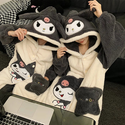 Kuromi & Pochacco Couple Pajama Set – Winter Coral Fleece Sleepwear