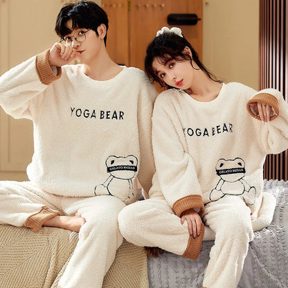 Bear Cartoon Flannel Couple Pajama Set – Warm Winter Loungewear