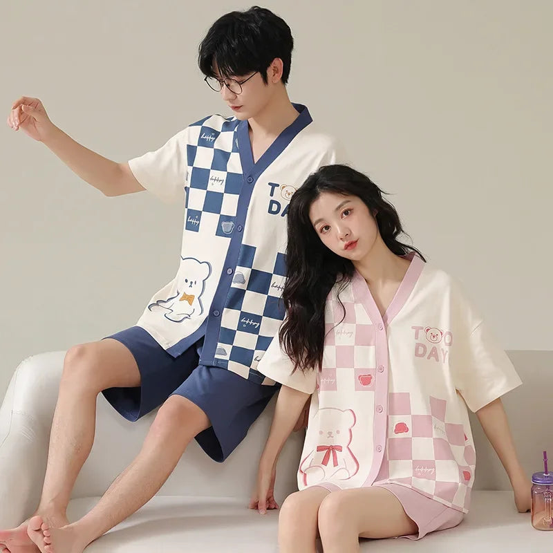 Bear Cartoon Summer Couple Pajama Set – Cotton Kimono Shorts