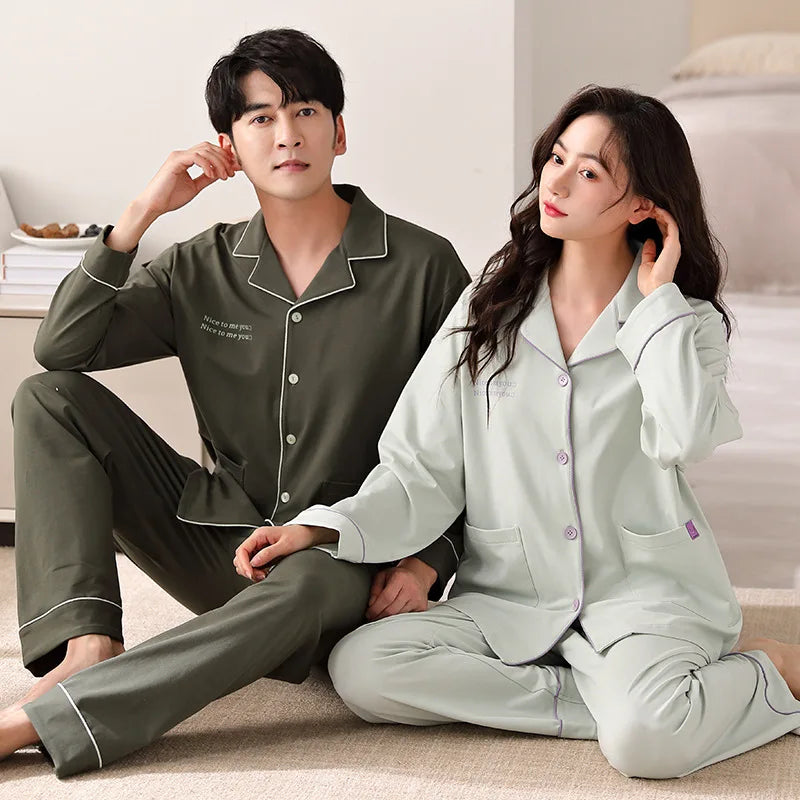 Solid Color Cotton Couple Pajama Set – Long Sleeve & Pants