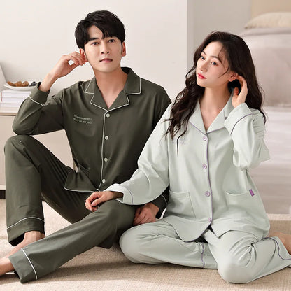 Solid Color Cotton Couple Pajama Set – Long Sleeve & Pants