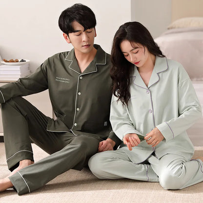 Solid Color Cotton Couple Pajama Set – Long Sleeve & Pants
