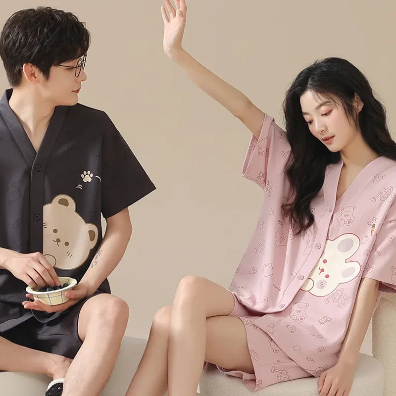Bear Cartoon Summer Couple Pajama Set – Cotton Kimono Shorts
