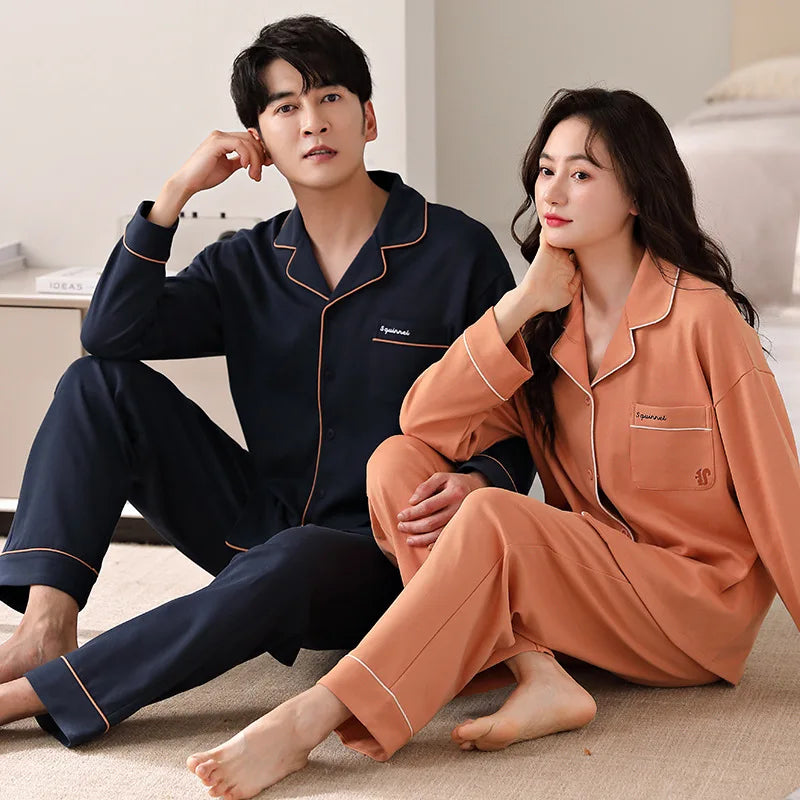 Solid Color Cotton Couple Pajama Set – Long Sleeve & Pants