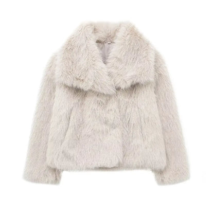 TRAFZA Women Fashion Cropped Faux Fur Jacket Coat