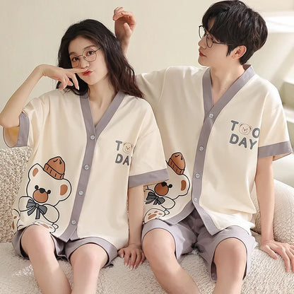 Bear Cartoon Summer Couple Pajama Set – Cotton Kimono Shorts