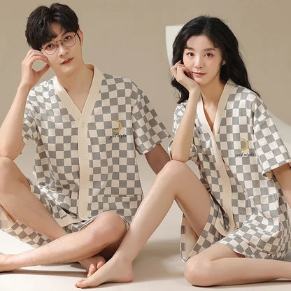 Bear Cartoon Summer Couple Pajama Set – Cotton Kimono Shorts