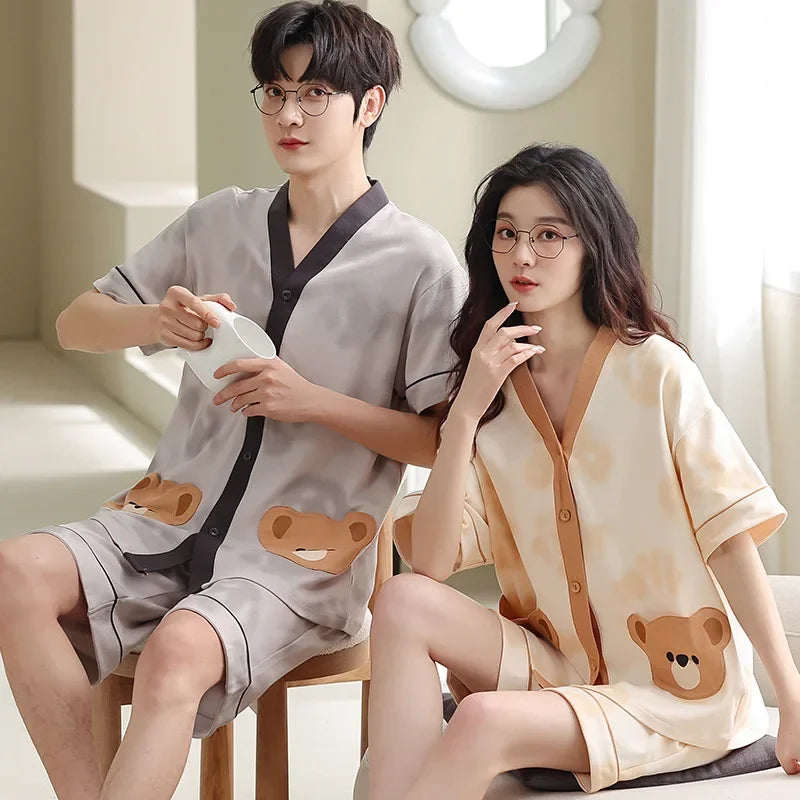 Bear Cartoon Summer Couple Pajama Set – Cotton Kimono Shorts