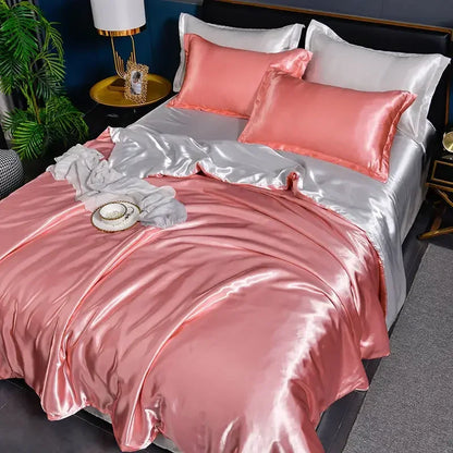 Nordic Satin Silk Bedding Set with Duvet Cover Bed Sheet Pillowcases Luxury