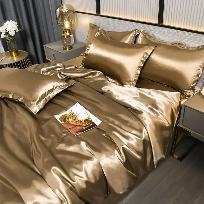 Nordic Satin Silk Bedding Set with Duvet Cover Bed Sheet Pillowcases Luxury