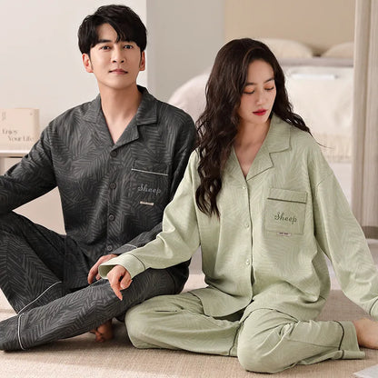 Solid Color Cotton Couple Pajama Set – Long Sleeve & Pants