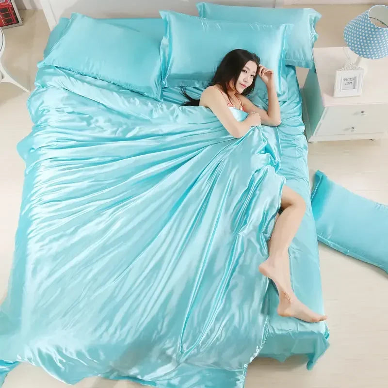 Nordic Satin Silk Bedding Set with Duvet Cover Bed Sheet Pillowcases Luxury