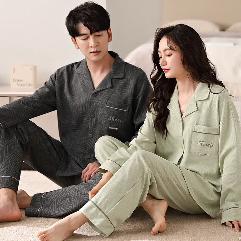 Solid Color Cotton Couple Pajama Set – Long Sleeve & Pants