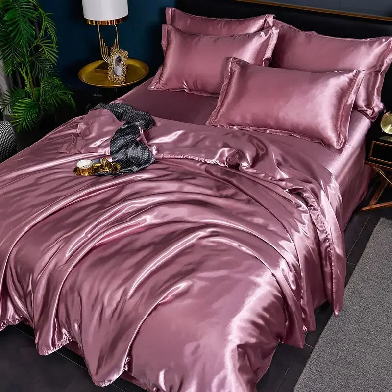 Nordic Satin Silk Bedding Set with Duvet Cover Bed Sheet Pillowcases Luxury
