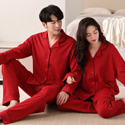 Solid Color Cotton Couple Pajama Set – Long Sleeve & Pants
