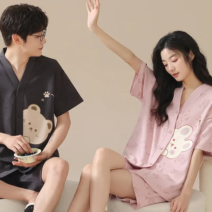 Bear Cartoon Summer Couple Pajama Set – Cotton Kimono Shorts
