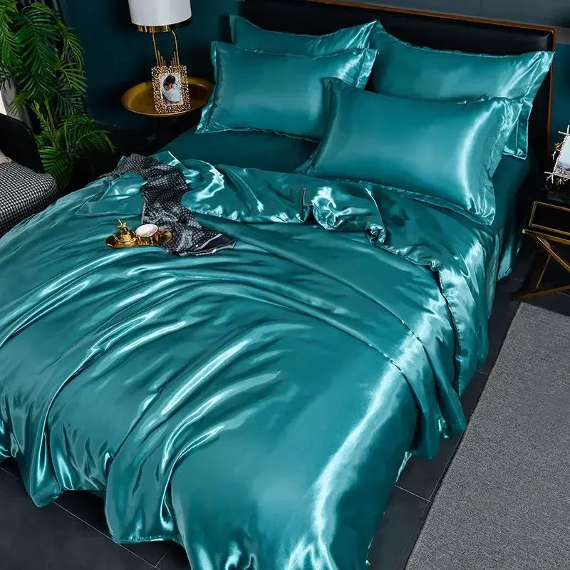 Nordic Satin Silk Bedding Set with Duvet Cover Bed Sheet Pillowcases Luxury