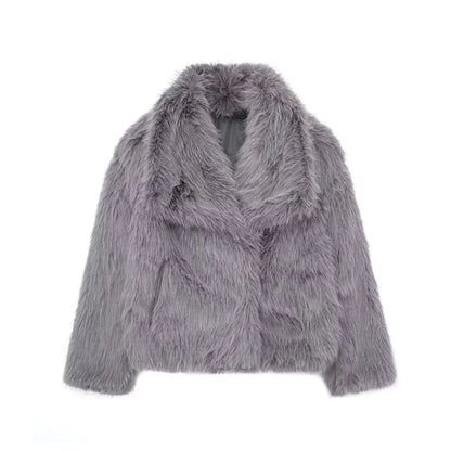 TRAFZA Women Fashion Cropped Faux Fur Jacket Coat