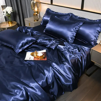 Nordic Satin Silk Bedding Set with Duvet Cover Bed Sheet Pillowcases Luxury
