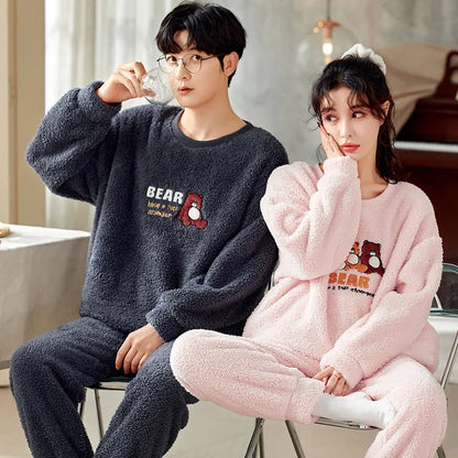 Bear Cartoon Flannel Couple Pajama Set – Warm Winter Loungewear