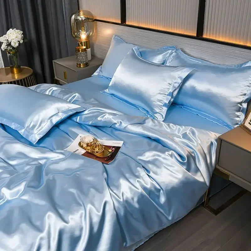 Nordic Satin Silk Bedding Set with Duvet Cover Bed Sheet Pillowcases Luxury