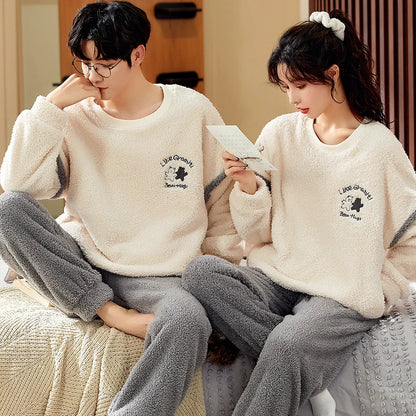 Bear Cartoon Flannel Couple Pajama Set – Warm Winter Loungewear