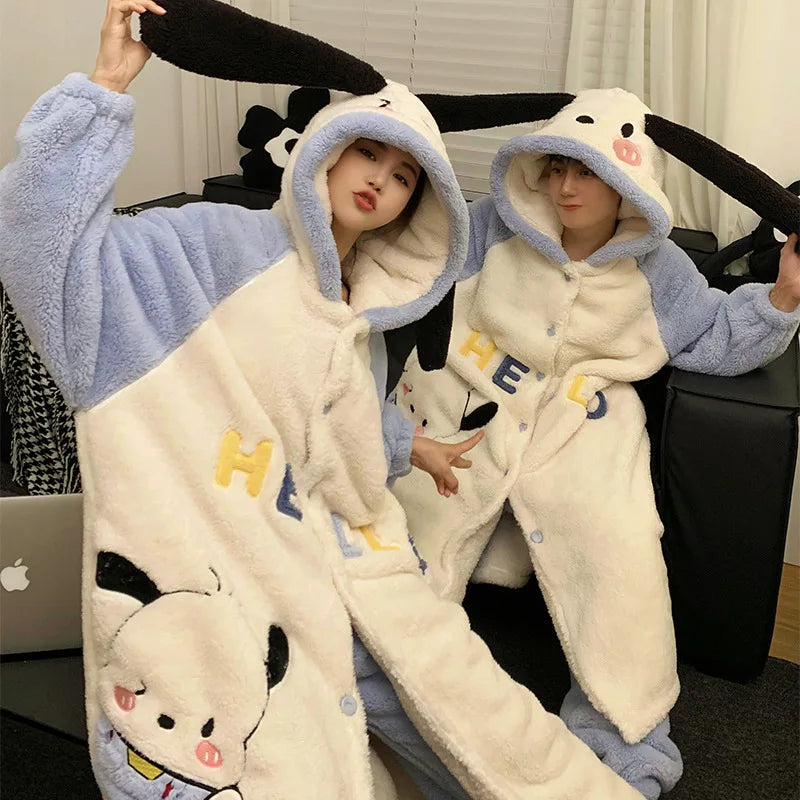 Kuromi & Pochacco Couple Pajama Set – Winter Coral Fleece Sleepwear